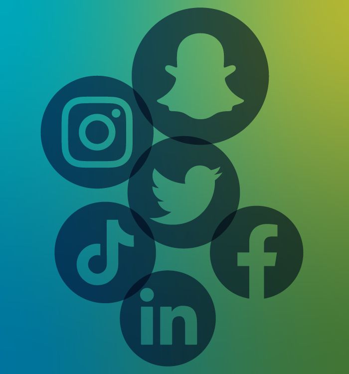 Snapchat, Instagram, Twitter, Facebook, TikTok, and LinkedIn icons on a green and blue gradient field