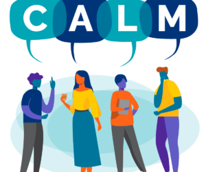 Four multicolored people standing and talking to each other in front of an abstract blue shape in the background. The word 