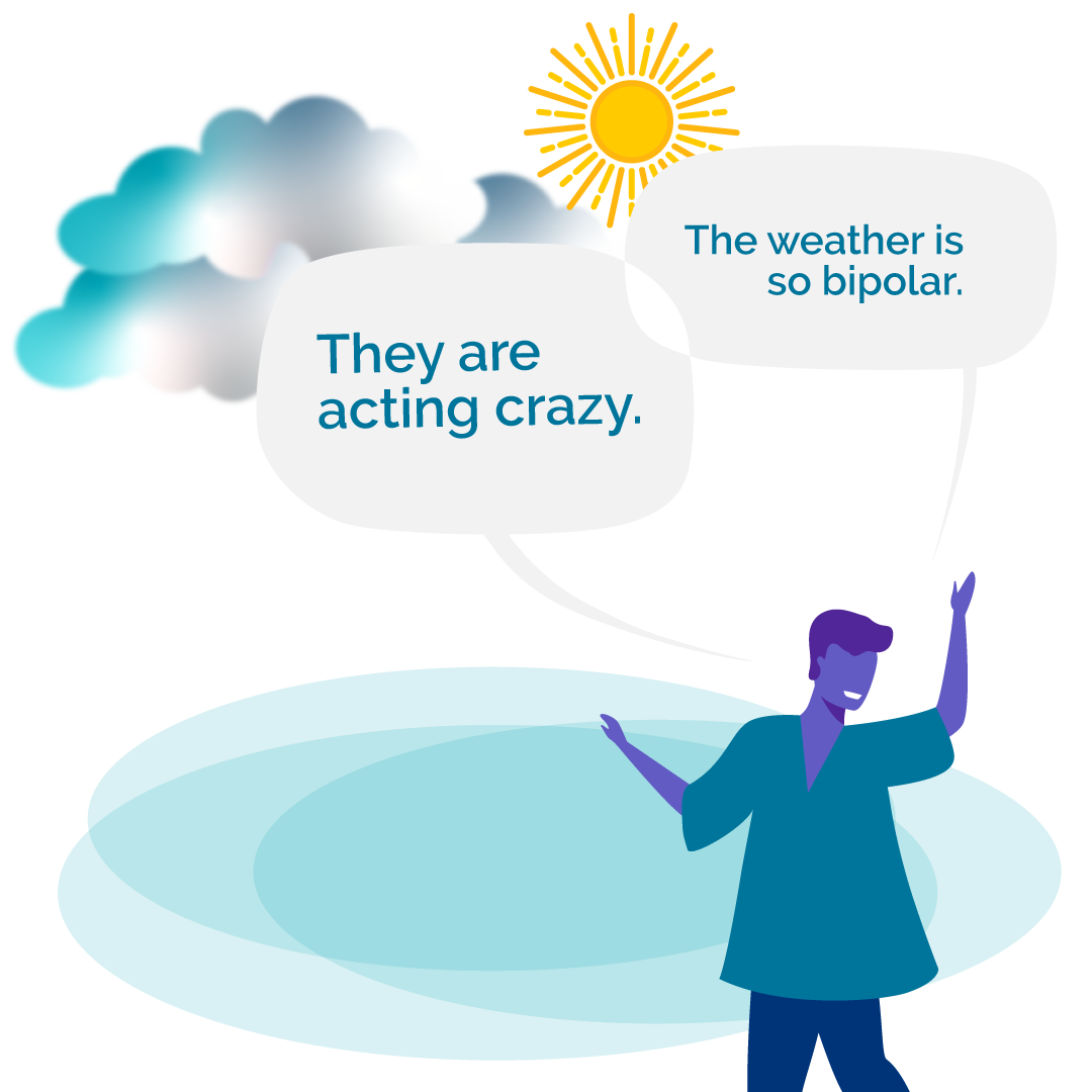 A man with short hair and teal shirt stands in front of abstract blue shapes. There are a shining sun, clouds, and speech bubbles above his head with the words "They are acting crazy" and "The weather is so bipolar."