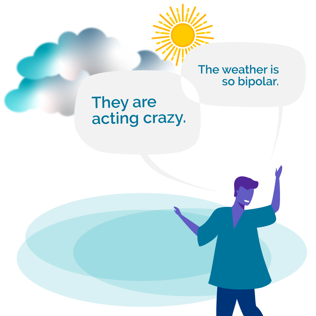 A man with short hair and teal shirt stands in front of abstract blue shapes. There are a shining sun, clouds, and speech bubbles above his head with the words "They are acting crazy" and "The weather is so bipolar."