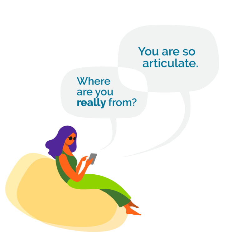 A woman with long purple hair and green body suit sits on a yellow beanbag. There are speech bubbles above her head with the words 
