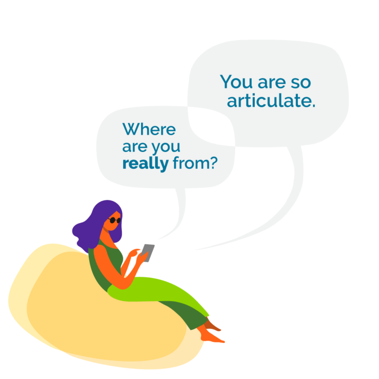 A woman with long purple hair and green body suit sits on a yellow beanbag. There are speech bubbles above her head with the words 