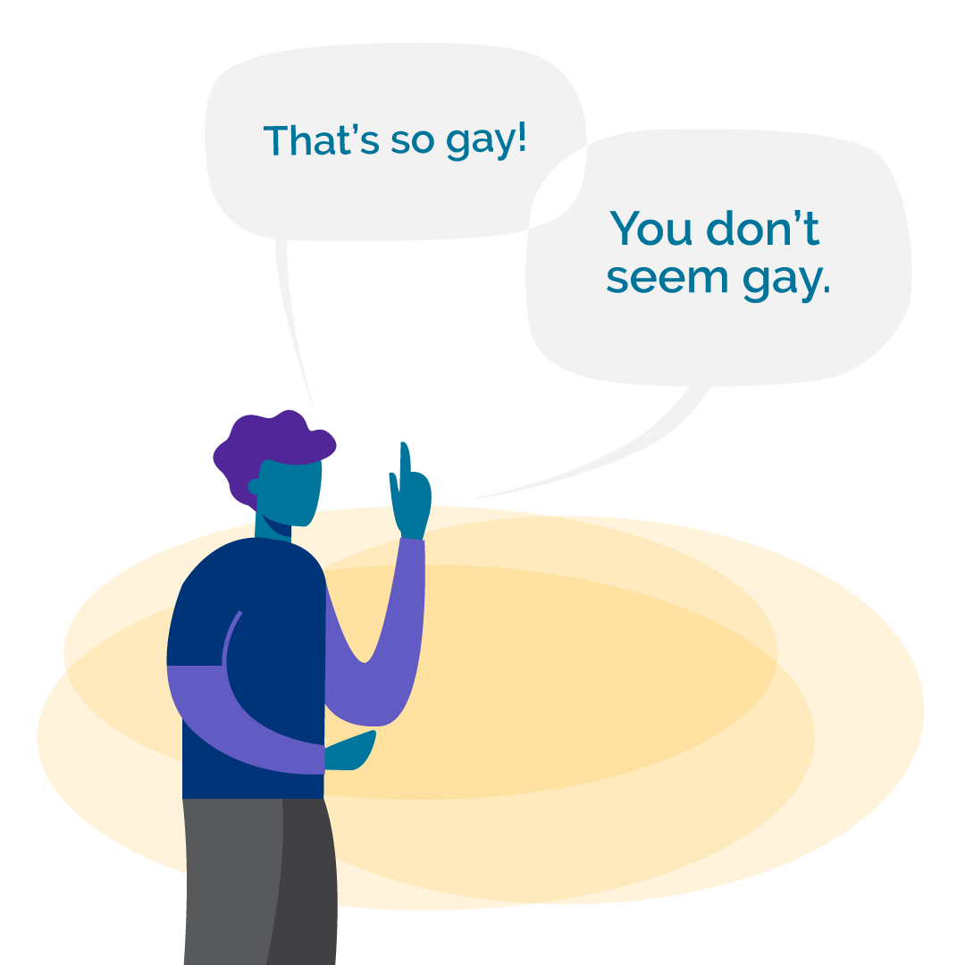 A man person with medium-length hair wears a dark blue and purple long-sleeved shirt in front of abstract yellow shapes. There are speech bubbles above his head with the words "That's so gay" and "You don't seem gay."