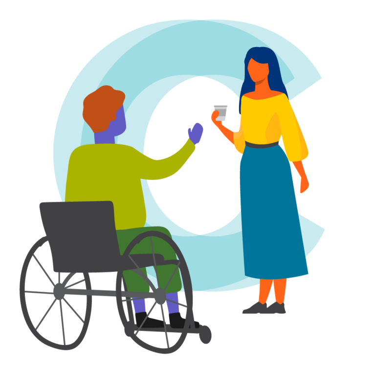 A young man in a wheelchair faces a woman holding a cup of coffee. The letter C appears in the background behind them.