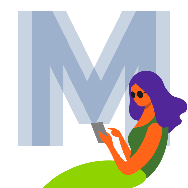 A young blind woman with long hair and a green body suit sits holding a smartphone in front of a large letter M in the background.
