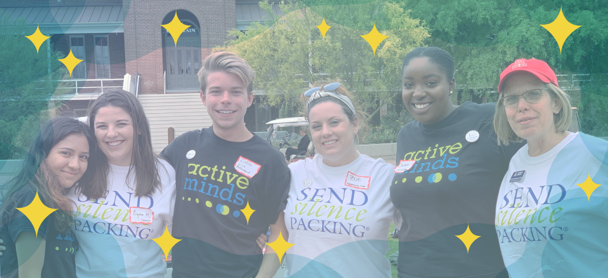 A group of six young adults and a chapter adviser stand together with their arms around one another. There are stylized blue shapes overlapping the image and yellow stars framing the group.