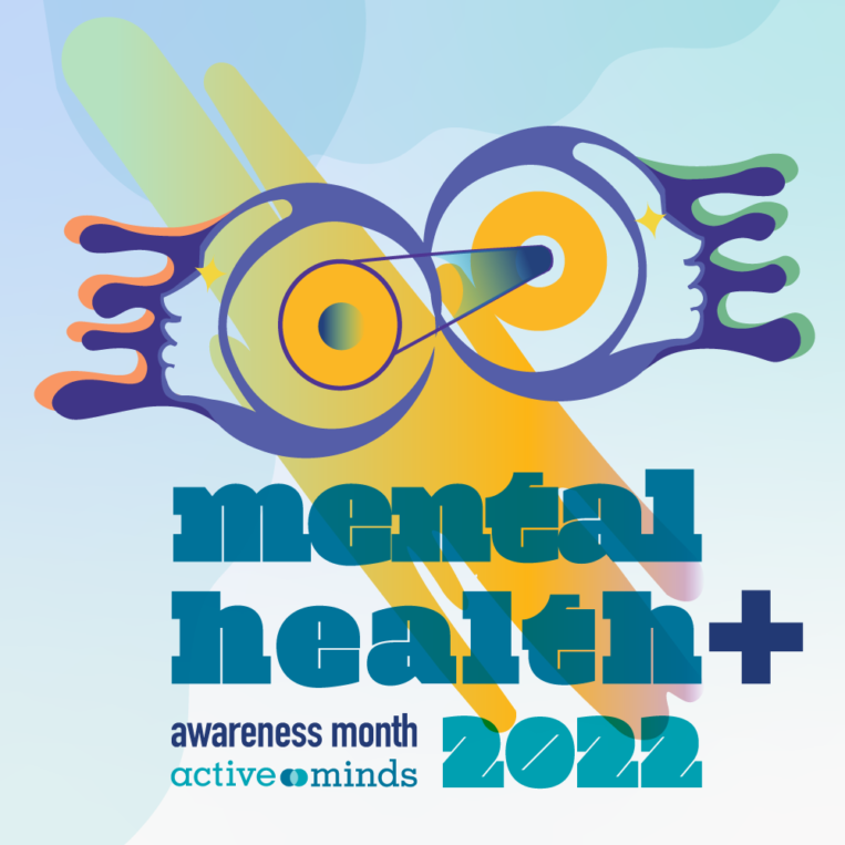 Two intersecting, stylized human faces looking in opposite directions with stars for eyes and an abstract yellow shape behind them. The words Mental Health Plus: Mental Health Awareness Month 2022 appear at the bottom.