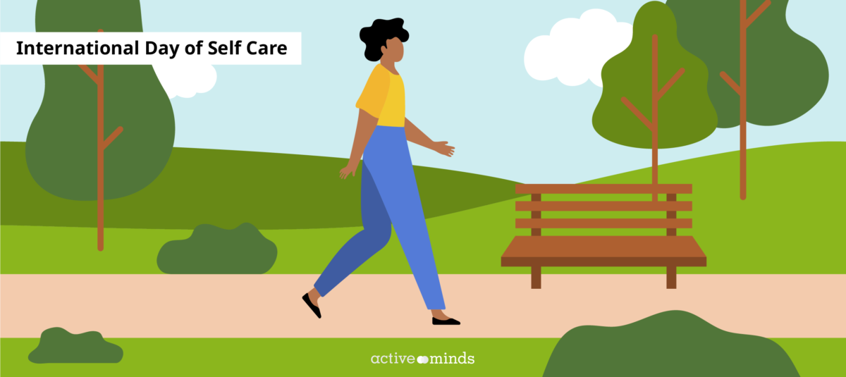 A cartoon style-graphic features a person walking down a path surrounded by grass, a small hill, trees, and a bench. The words 