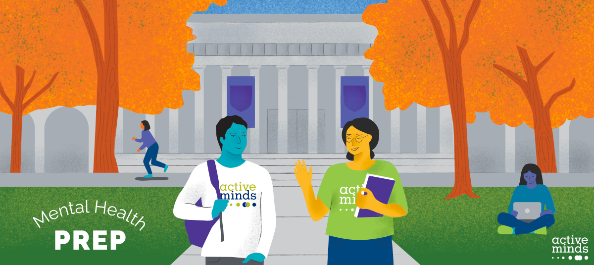 Illustration of two students wearing Active Minds shirts walking on a college campus in the fall having a conversation. In the background, one student rides by on a skateboard and another sits in the grass on her laptop.
