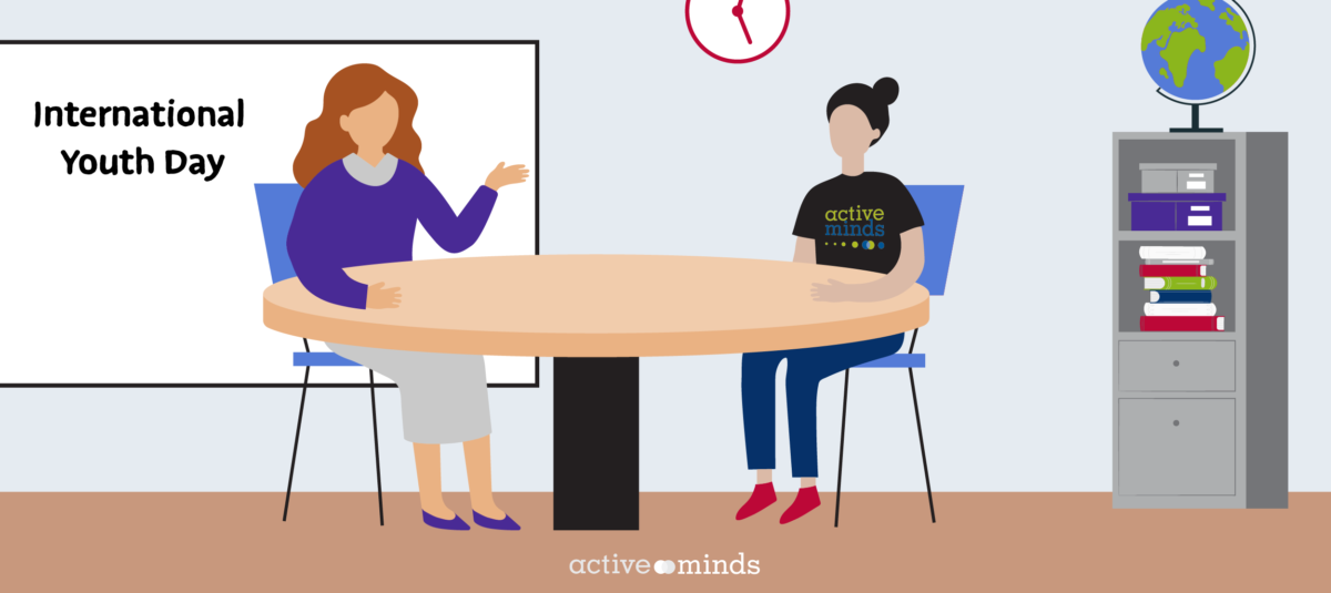Hand-drawn digital graphic of a student and teacher having a conversation at a table in classroom. The teacher's hand is making a gesture while she speaks, and the student is wearing a black 