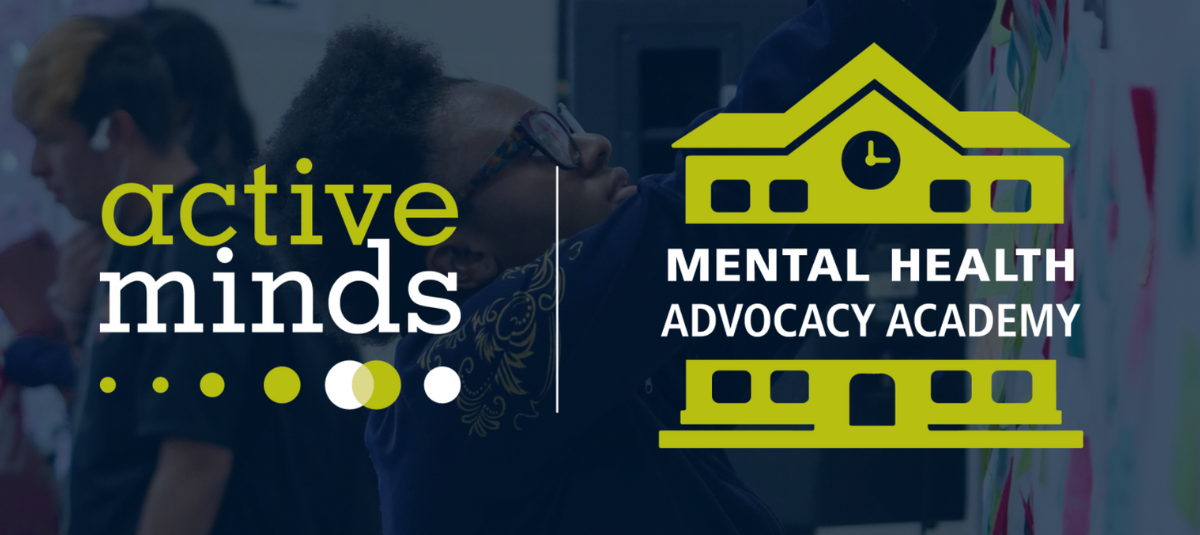 Photo of student in classroom hanging up an item with blue transparent overlay and Active Minds Mental Health Advocacy Academy logo centered.