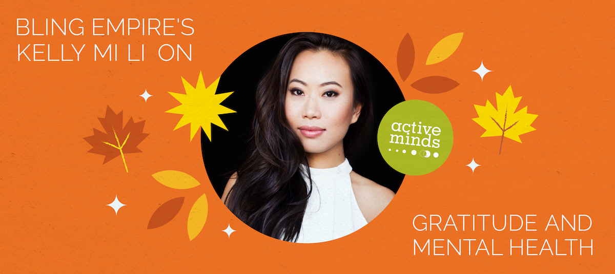 Orange background with multi-colored fall icons (such as leaves) surrounding a headshot of Kelly Mi Li and text reading, 