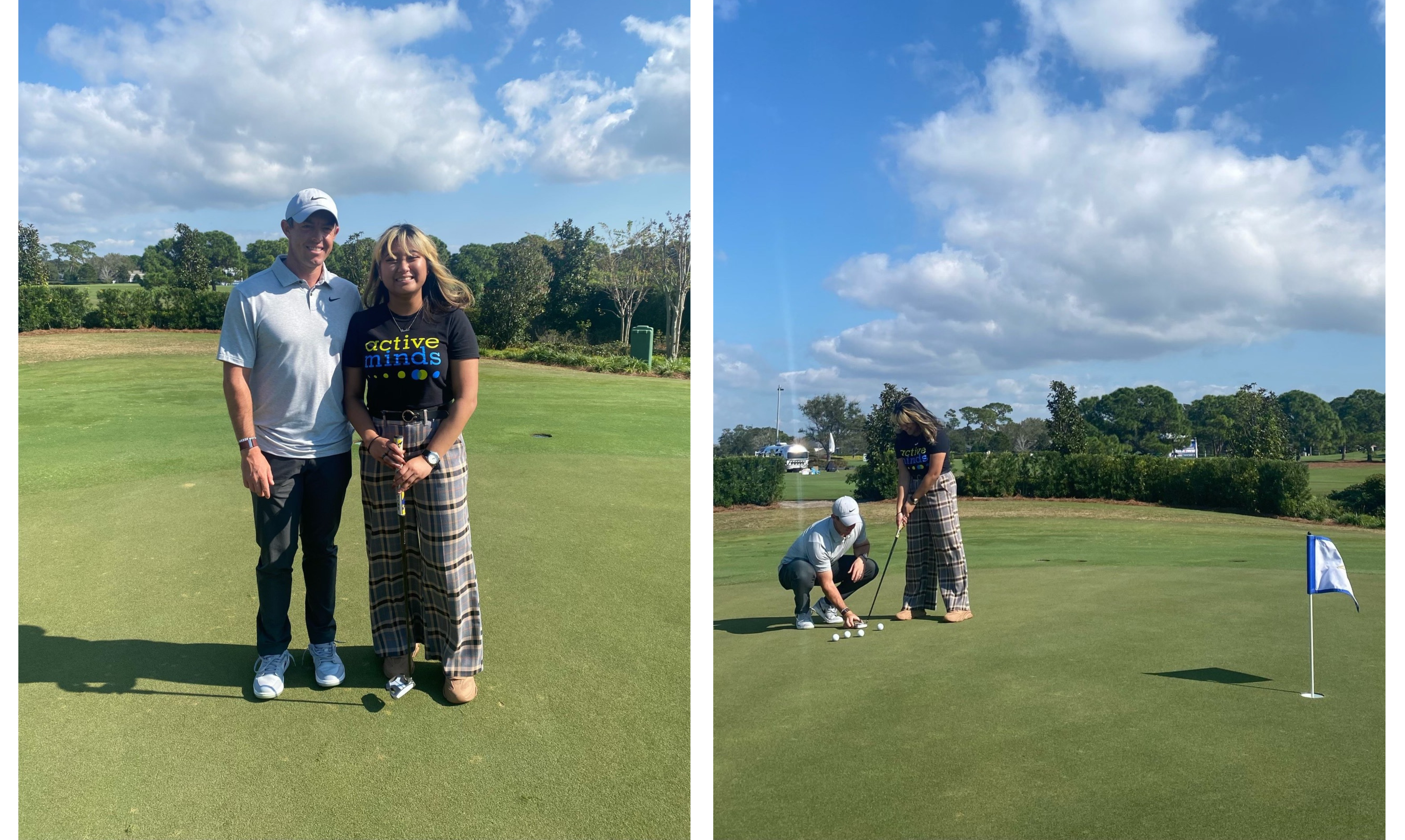 Photos of Rory McIlroy and Geela Margo Ramos practicing putting.