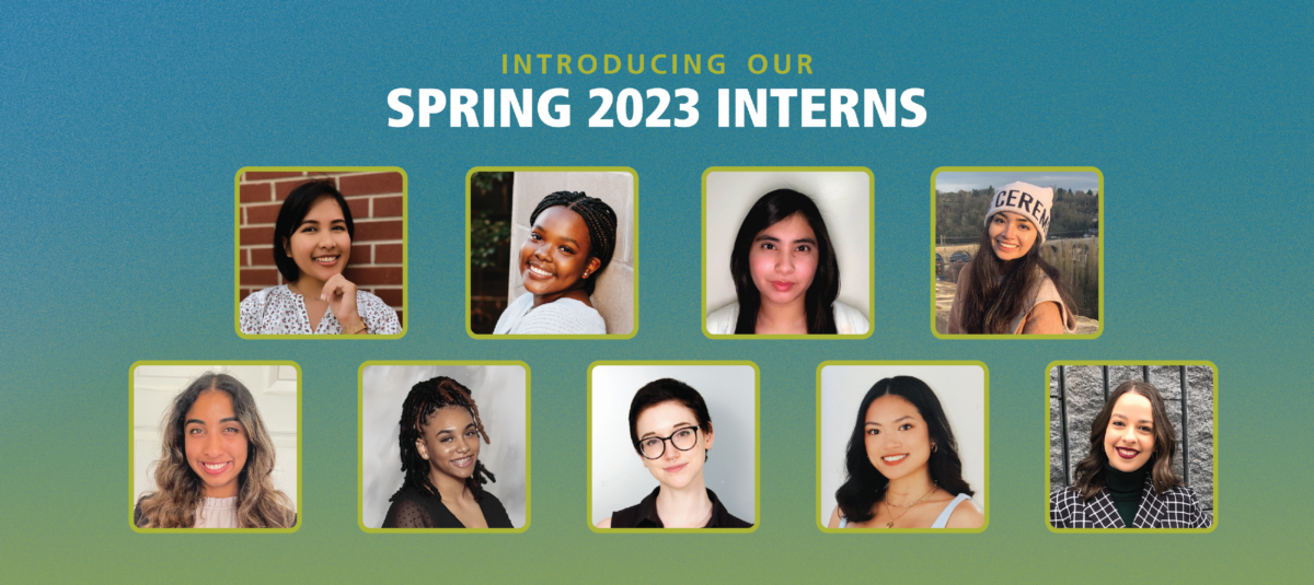Headshots for Active Minds' spring 2023 interns with text reading, 