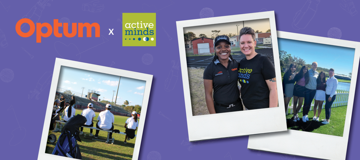 Photos of Active Minds involvement at The Players Championship in polaroid frames with Active Minds and Optum logos.