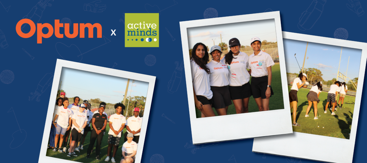 Photos from Active Minds and Optum golf clinic with Active Minds and Optum logos.