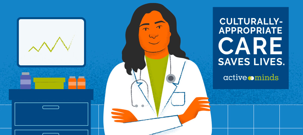 Illustrated graphic of a physician in a lab coat in her office, standing in front of a sign reading, 