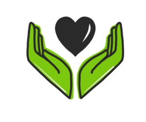 Illustration of two green hands opened with a black heart floating above them
