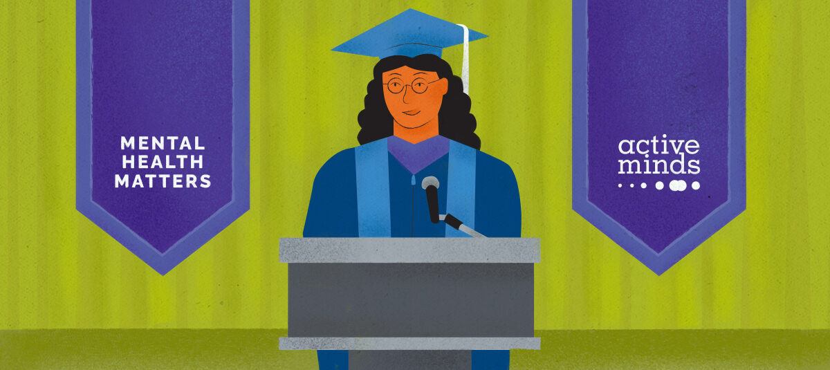Illustration of a graduate standing at a podium in a cap and gown. Banners behind her read, 