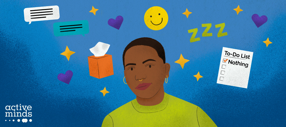 Hand-drawn illustration of blog author Chi, surrounded by self-care icons including a to-do list, tissue box, hearts, stars, a smiley face, and other colorful icons.