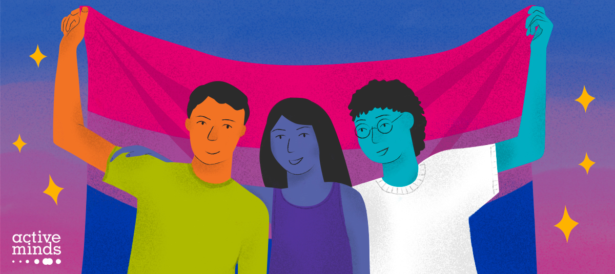 Illustration of three young adults smiling, arms around each other, holding a bisexual pride flag above their heads.