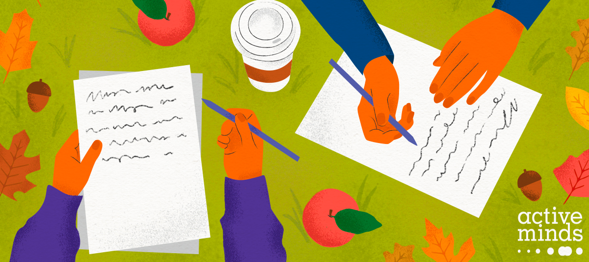 Aerial illustration of two people journaling outside with coffee cups, apples, and fall leaves surrounding them on the ground.
