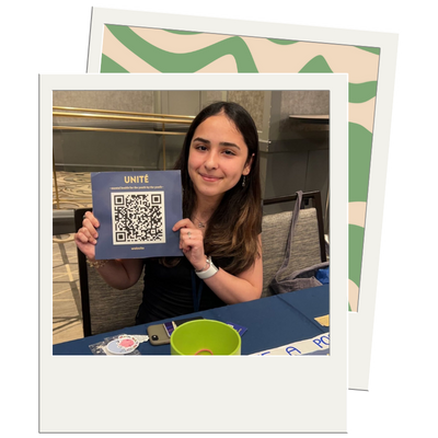 Photo in a polaroid frame of Unité, a mental health initiative by and for Gen Z, at the 2023 Active Minds Conference. A second polaroid photo behind the main photo has a green and beige pattern.