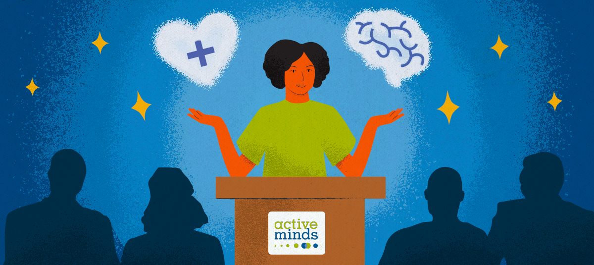 Illustrated picture of a young adult at a podium speaking to a crowd of people about mental health.