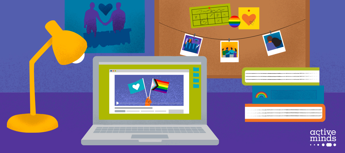 Illustrated graphic of a desk with various LGBTQ+ items of representation, including an open computer with pride flags onscreen, photos of individuals holding hands, and items with the Pride flag rainbow.