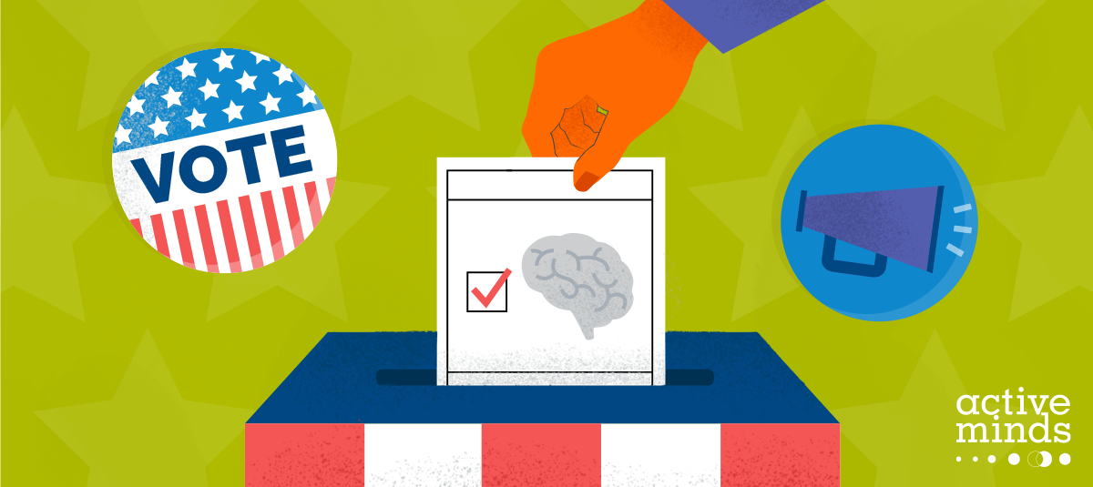 Illustrated graphic of a hand dropping a ballot in a ballot box. On the ballot is a picture of a brain with a check mark. Stickers are on opposite sides of the ballot box — one is a 