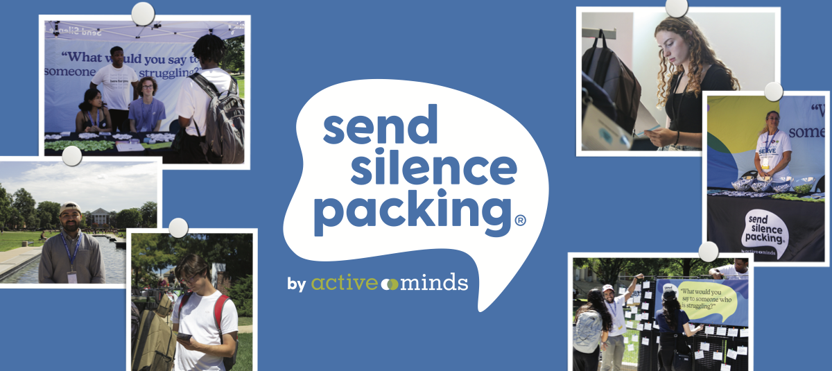 Graphic includes the Send Silence Packing® logo in the center surrounded by photos of community members at Send Silence Packing® events on a blue background.