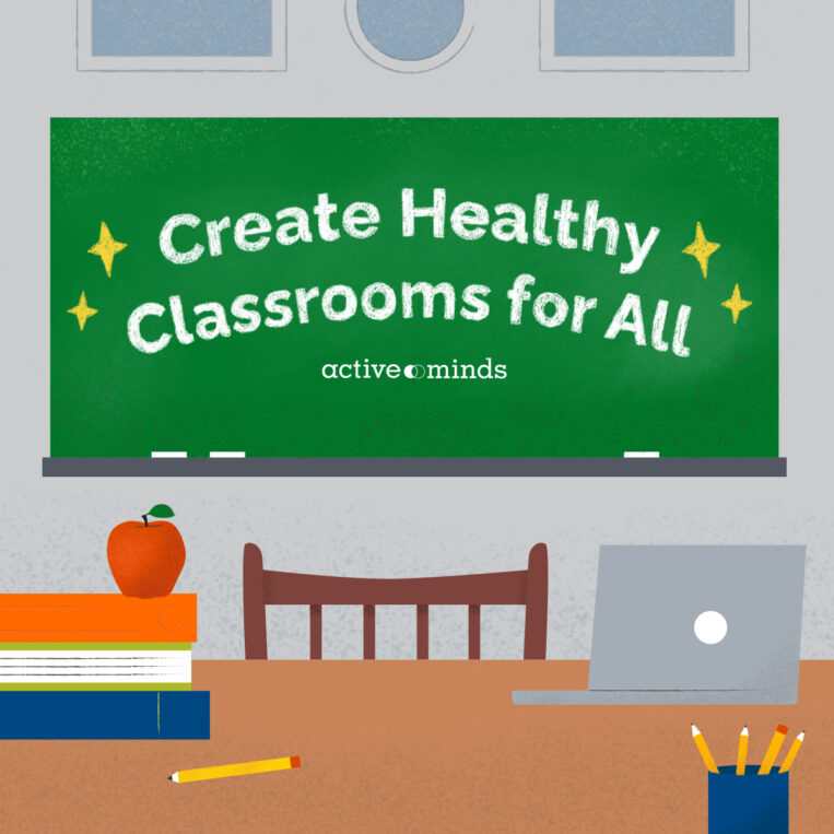 Illustrated image of a teacher's desk in front of a chalkboard, with text on the board reading, 