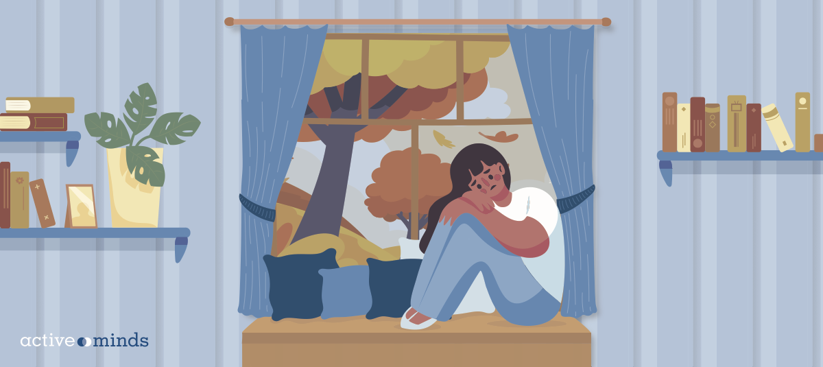 Illustrated image of a girl sitting on a window seat in her bedroom looking sad; leaves are falling from the tree outside her window.