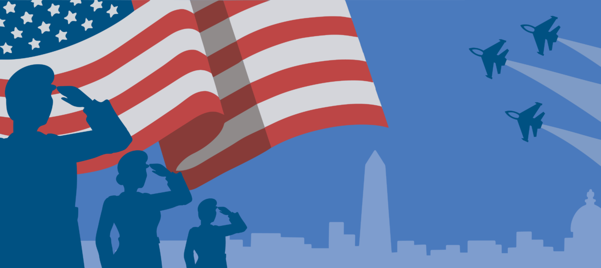 Illustrated image of veterans saluting, with a flag, jets flying, and the Washington D.C. skyline in the background.