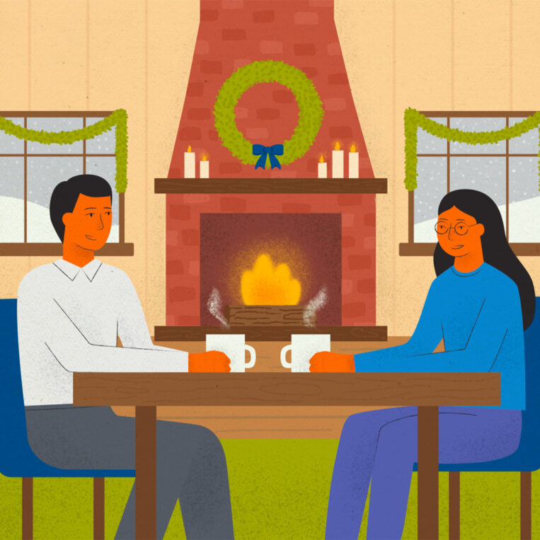 Illustrated image of a young woman sitting at a table with a male family member having a conversation. The living room they are in is decorated for the holidays and it's snowing outside.
