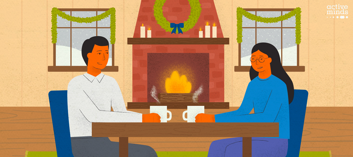 Illustrated image of a young woman sitting at a table with a male family member having a conversation. The living room they are in is decorated for the holidays and it's snowing outside.