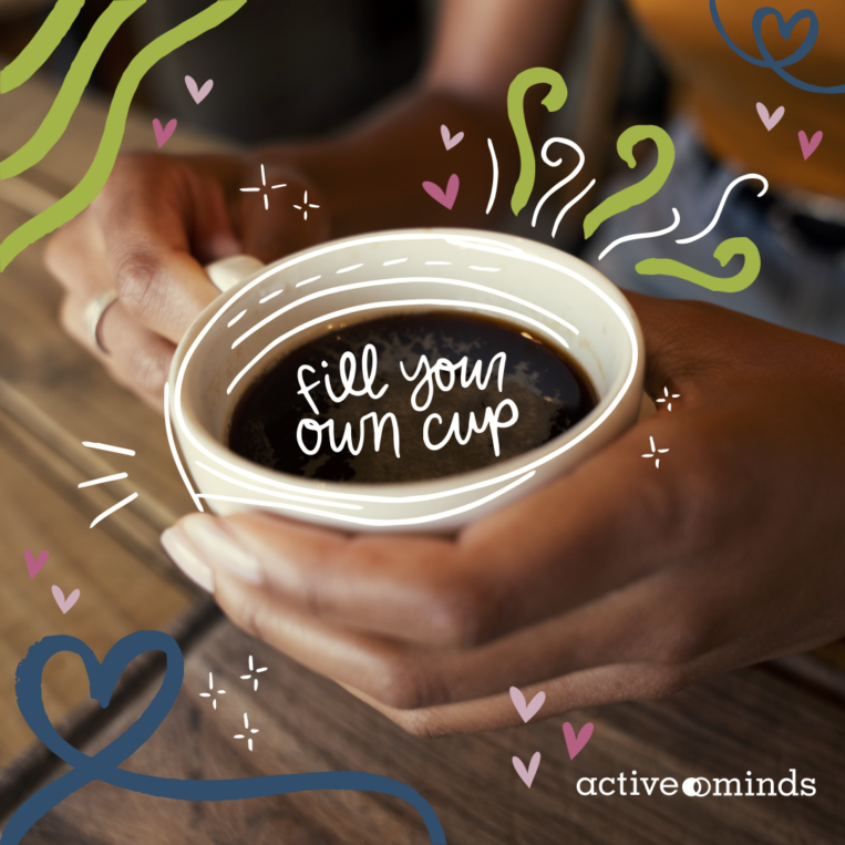 Image of a person holding a coffee cup with words inside the cup reading, 