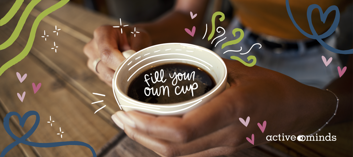 Image of a person holding a coffee cup with words inside the cup reading, 